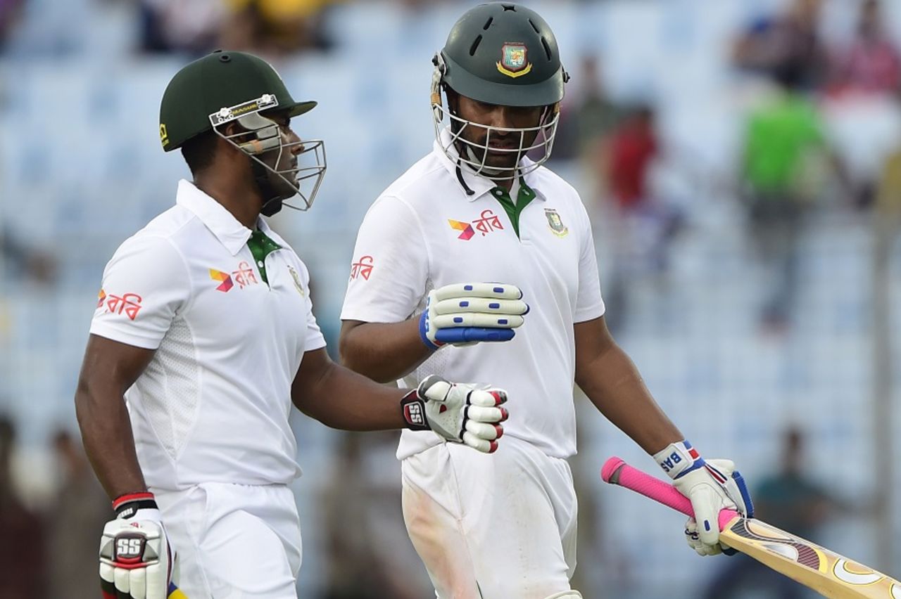 Tamim Iqbal and Imrul Kayes walk back unbeaten at stumps, Bangladesh v South Africa, 1st Test, Chittagong, 1st day, July 21, 2015