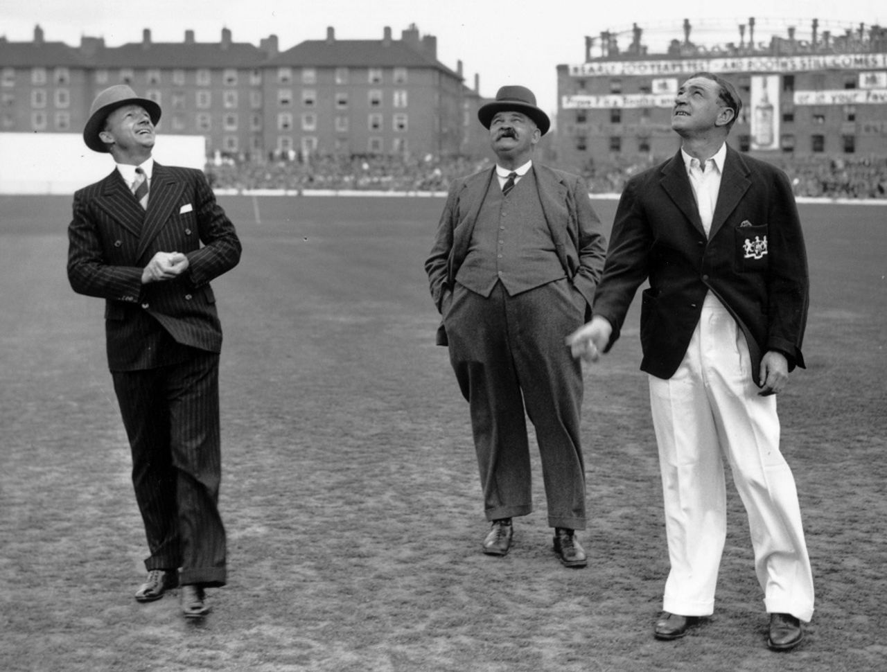 Don Bradman and Wally Hammond tosss, watched by groundsman Bosser Martin, England v Australia, The Oval, August 20, 1938