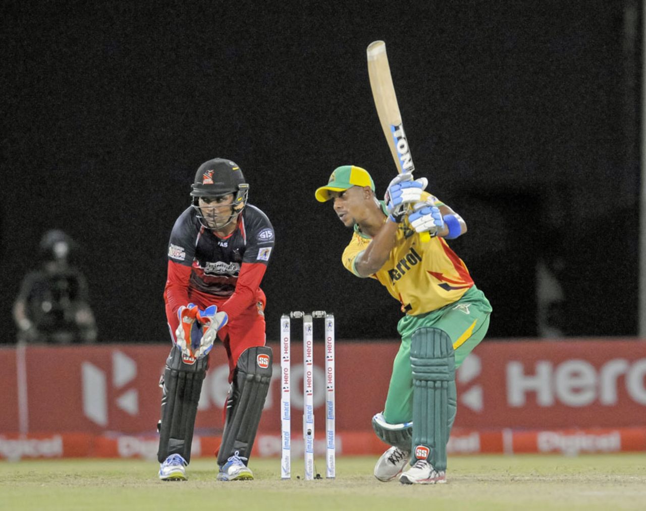 Lendl Simmons plays through the off side during his unbeaten 65, Guyana Amazon Warriors v Trinidad & Tobago Red Steel, CPL 2015, Providence, July 21, 2015