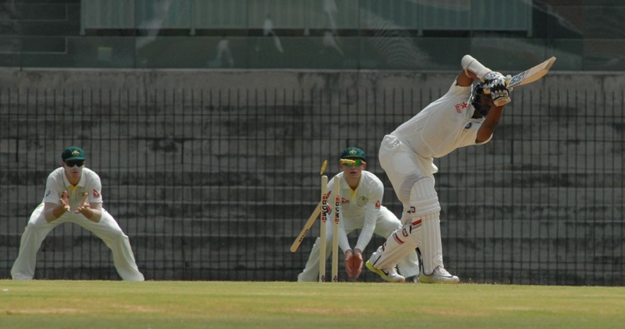 Abhinav Mukund was bowled by Andrew Fekete in the second over, India A v Australia A, 1st unofficial Test, Chennai, 1st day