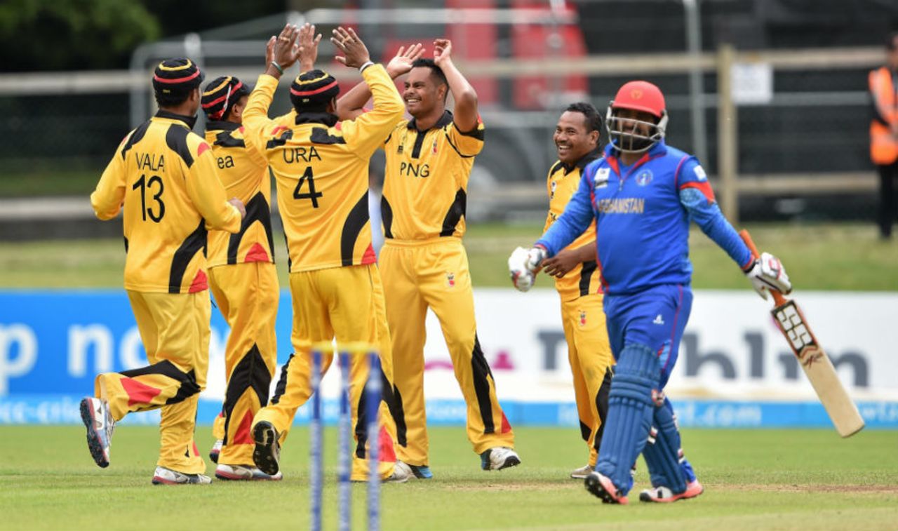 Norman Vanua celebrates after dismissing Mohammad Shahzad, Afghanistan v Papua New Guinea, World T20 Qualifier, 3rd Play-off, Dublin, July 23, 2015