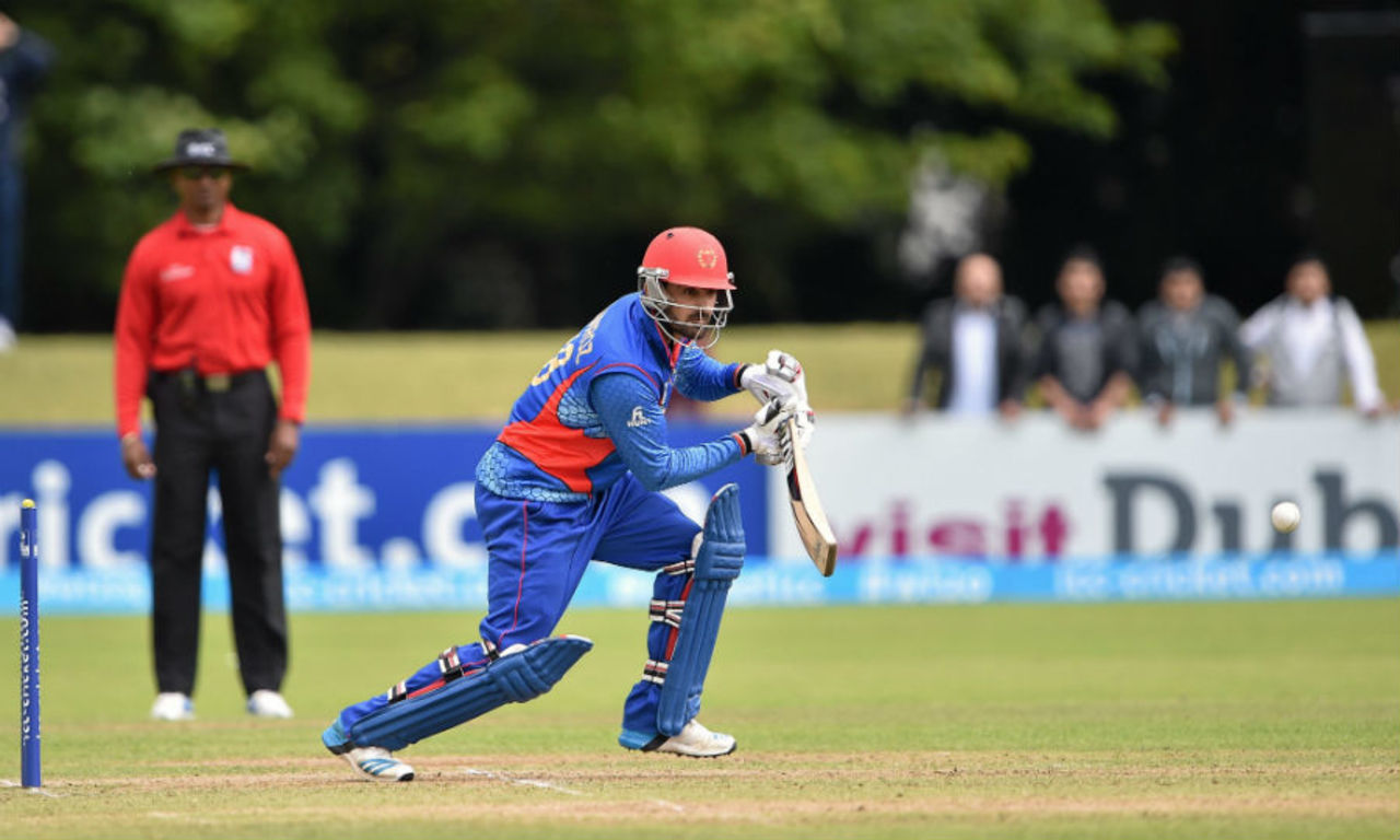 Nawroz Mangal plays it into the off side, Afghanistan v Papua New Guinea, World T20 Qualifier, 3rd Play-off, Dublin, July 23, 2015