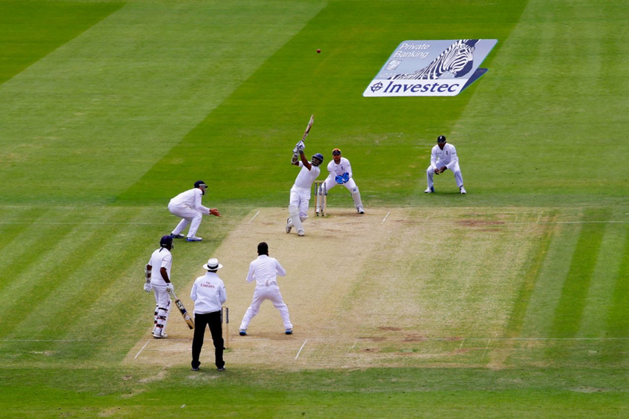 Kumar Sangakkara launches one back over the bowler, England v Sri Lanka, 1st Investec Test, Lord's, 3rd day, June 14, 2014