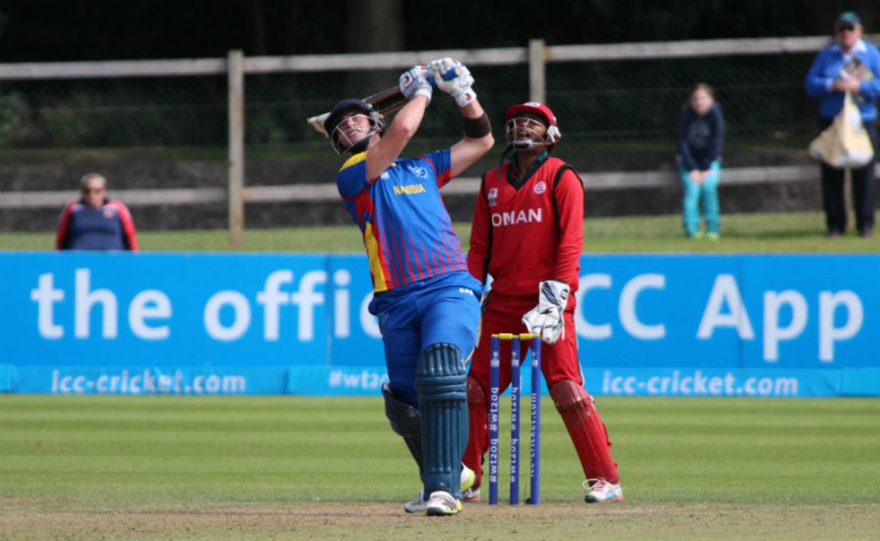 Stephan Baard lofts one during his 52-ball 62, Namibia v Oman, World T20 Qualifier, Play-off, Dublin, July 23, 2015