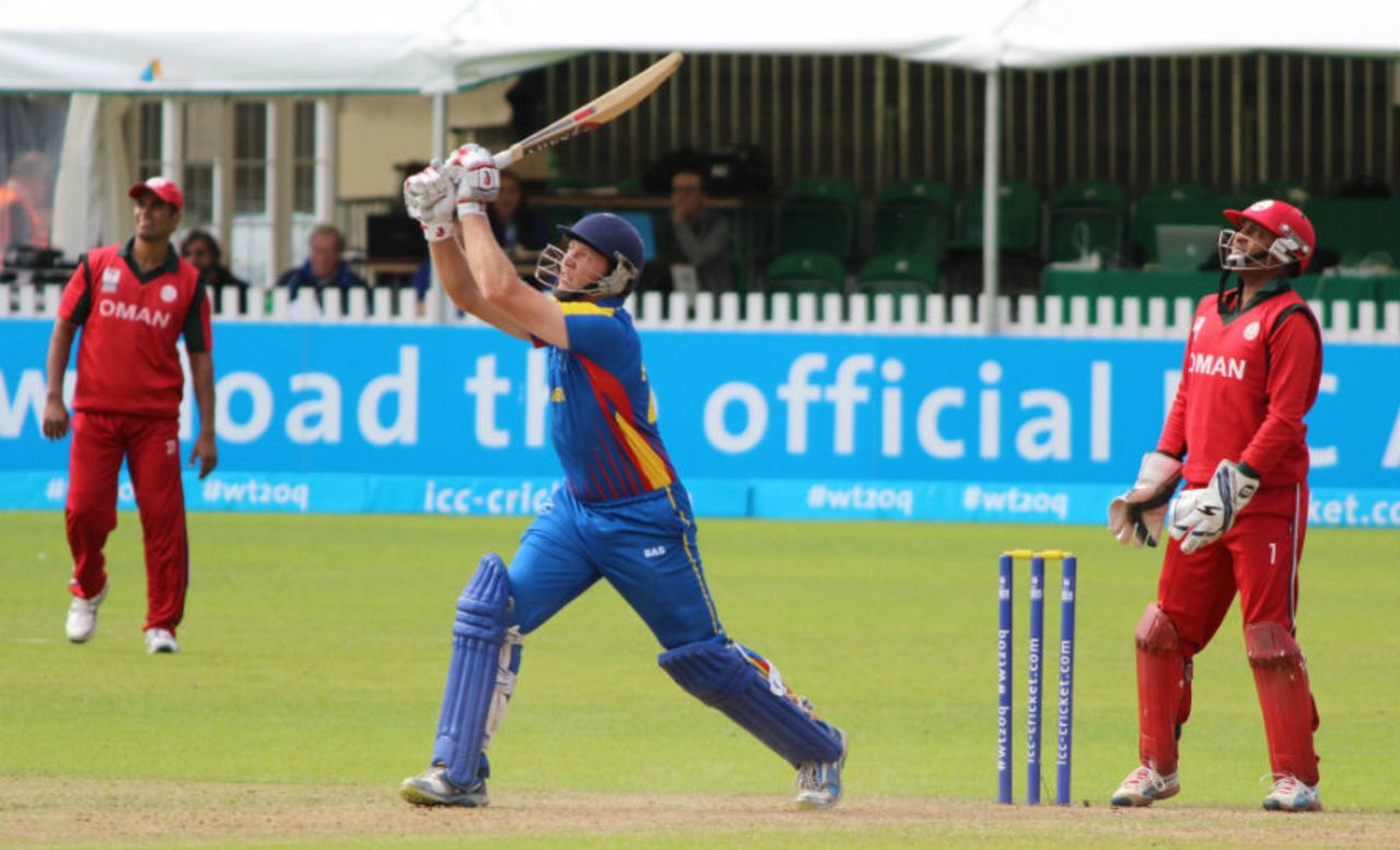 Nicolaas Scholtz strikes a pose after smoking it for six, Namibia v Oman, World T20 Qualifier, Play-off, Dublin, July 23, 2015