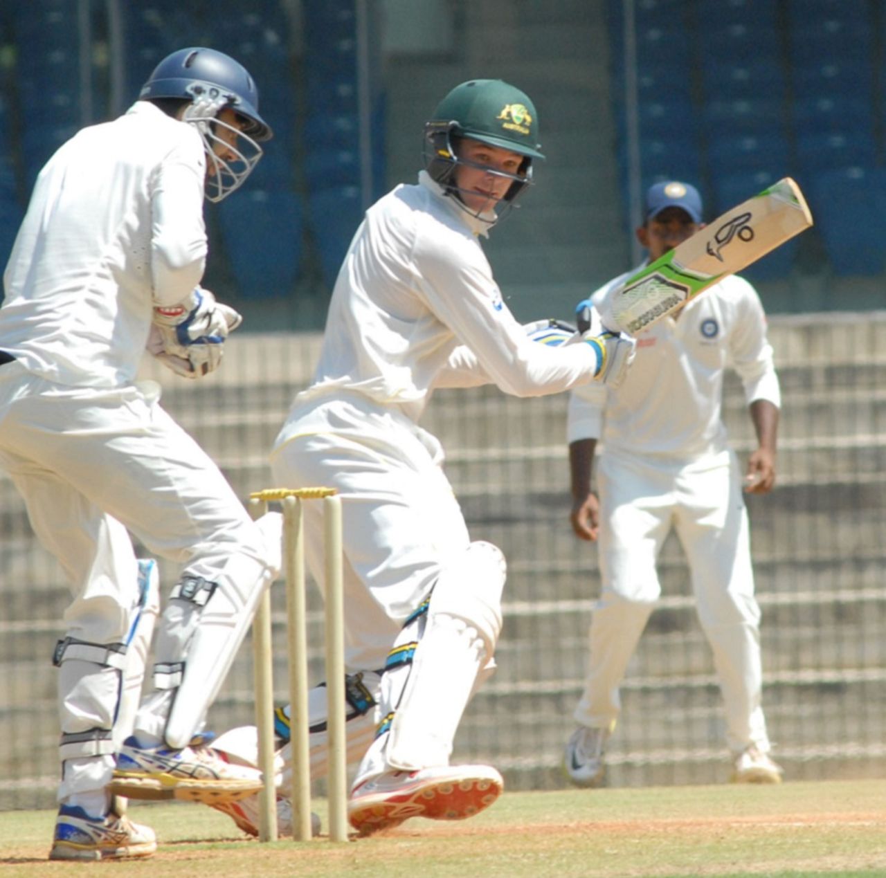Peter Handscomb plays the ball behind point,  India A v Australia A, 1st unofficial Test, Chennai, 3rd day, July 24, 2015