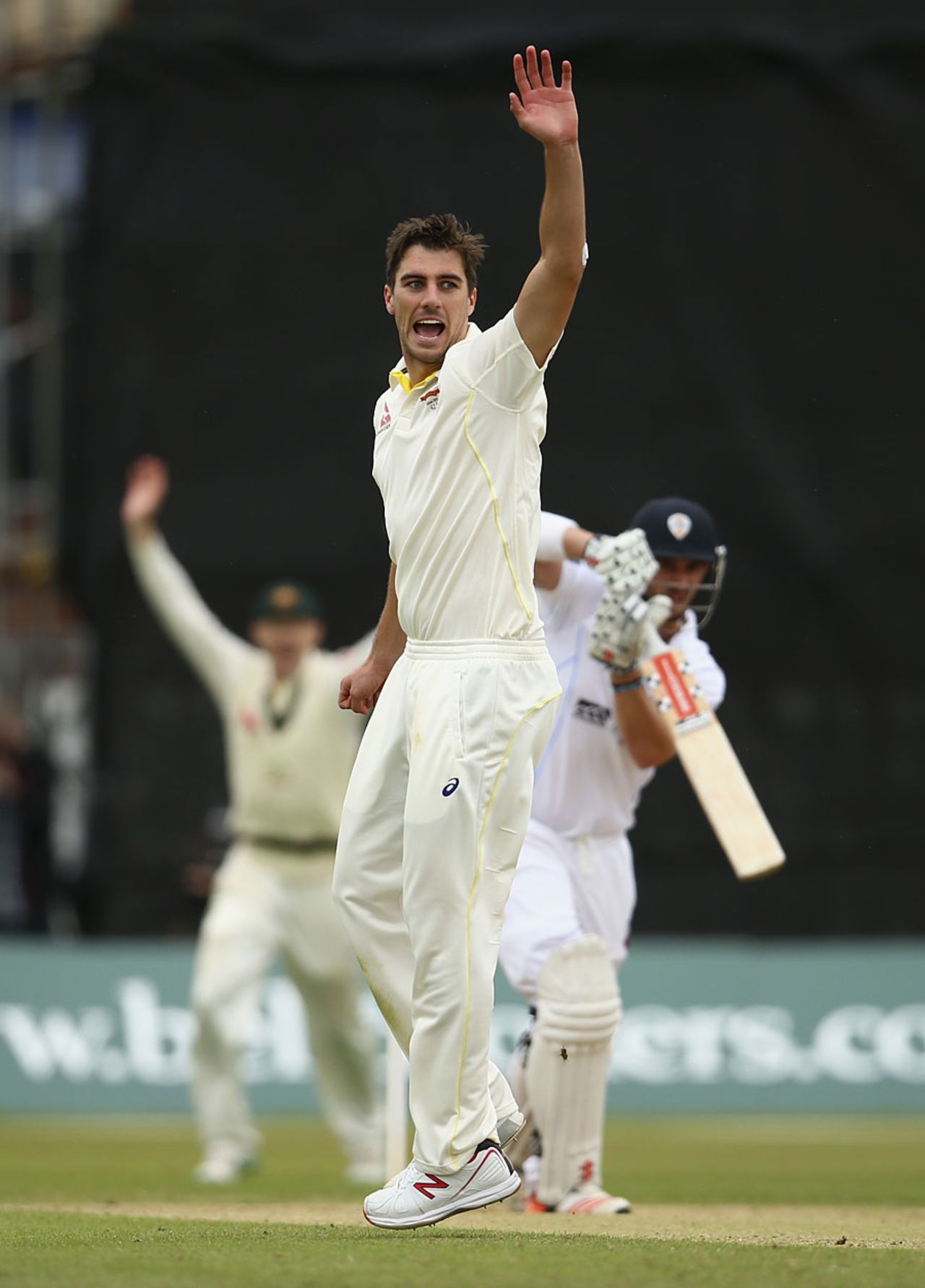 Pat Cummins ended a long wait for another first-class wicket when he had Hamish Rutherford caught behind, Derbyshire v Australians, Tour match, Derby, 2nd day, July 24, 2015
