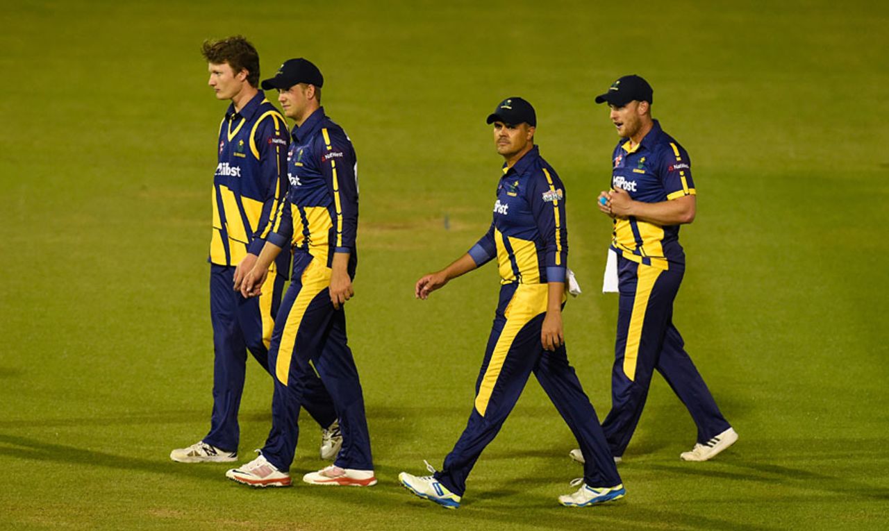 The Glamorgan players troop off after defeat ended their quarter-final hopes, Glamorgan v Gloucestershire, NatWest T20 Blast, South Group, Cardiff, July 24, 2015