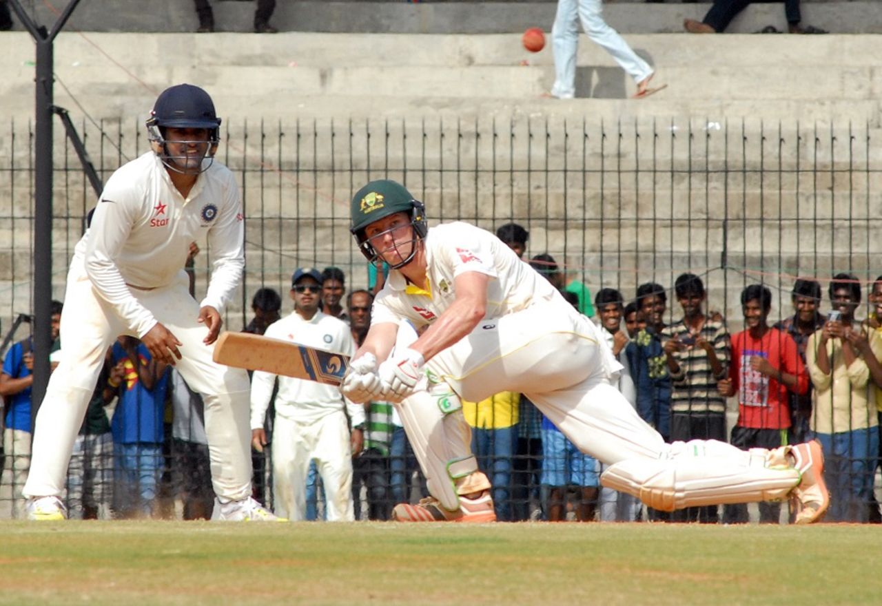 Travis Head sweeps during his half-century, India A v Australia A, 1st unofficial Test, Chennai, 4th day, July 25, 2015