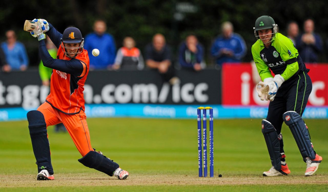Ben Cooper drives through the off side during his 43, Ireland v Netherlands, World T20 Qualifier, 2nd semi-final, Malahide, July 25, 2015