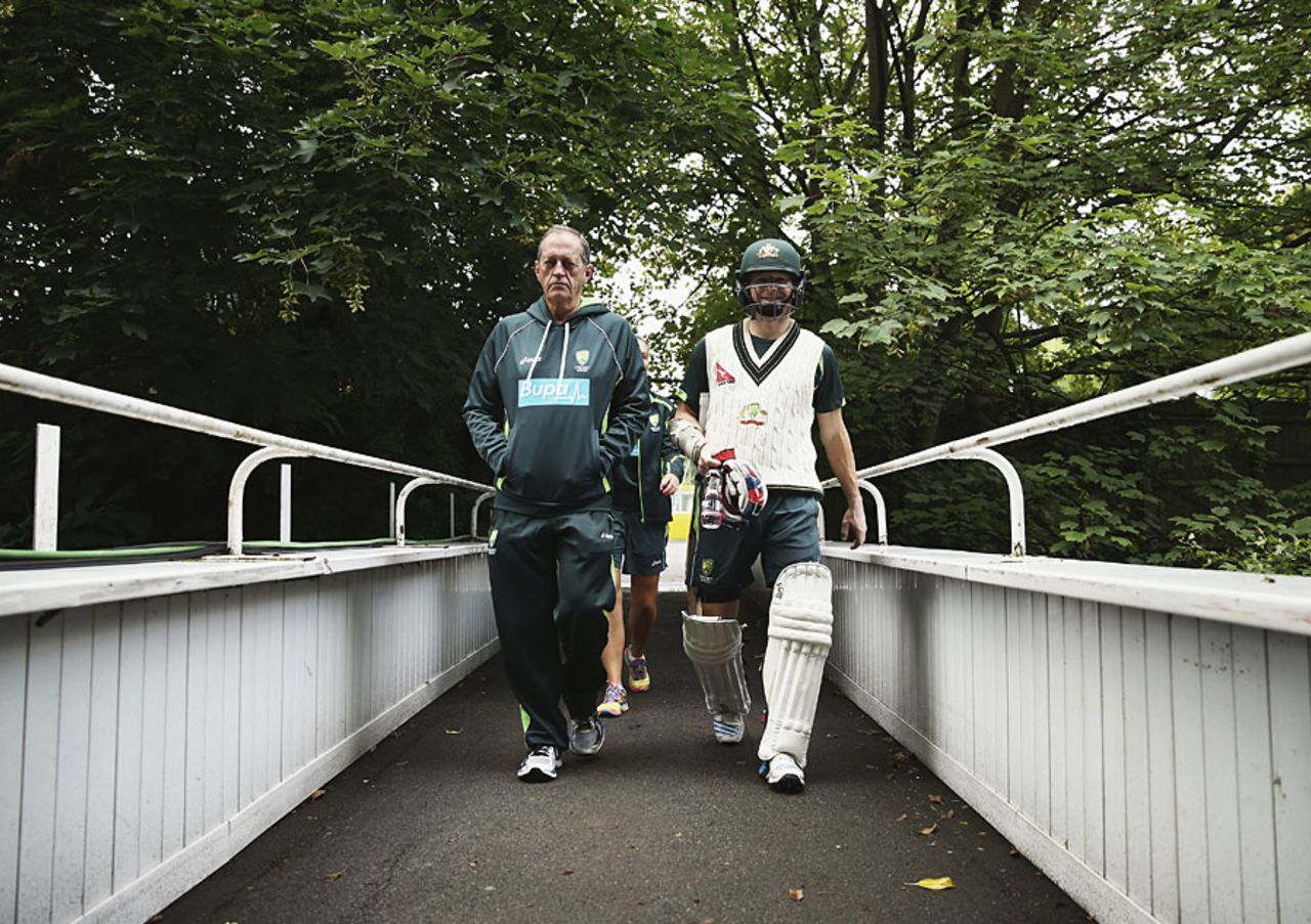 Chris Rogers returns from the nets with team doctor Peter Brukner, Edgbaston, July 27, 2015