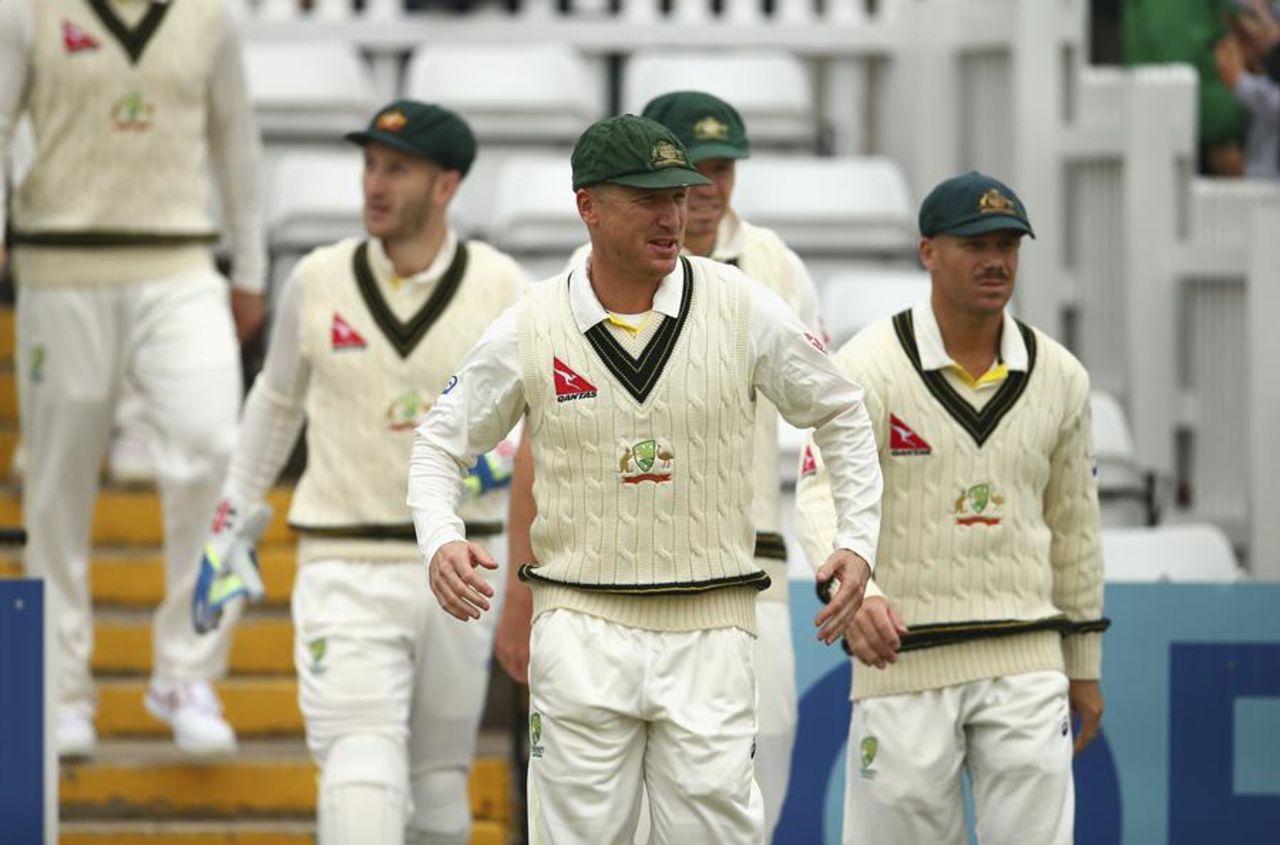 Brad Haddin and the Australians walk out on to the field, Derbyshire v Australians, Tour match, Derby, 2nd day, July 24, 2015