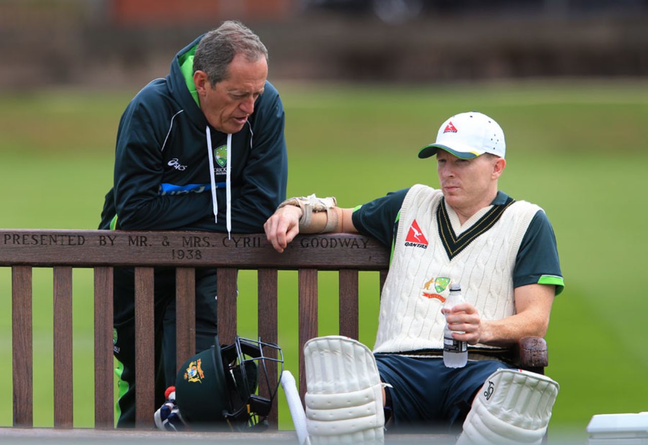 Australia team doctor Peter Brukner talks with Chris Rogers, Edgbaston, July 28, 2015