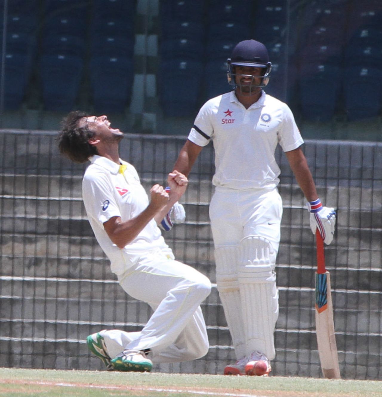 Ashton Agar exults after picking a wicket, India A v Australia A, 2nd unofficial Test, Chennai, 1st day, July 29, 2015 