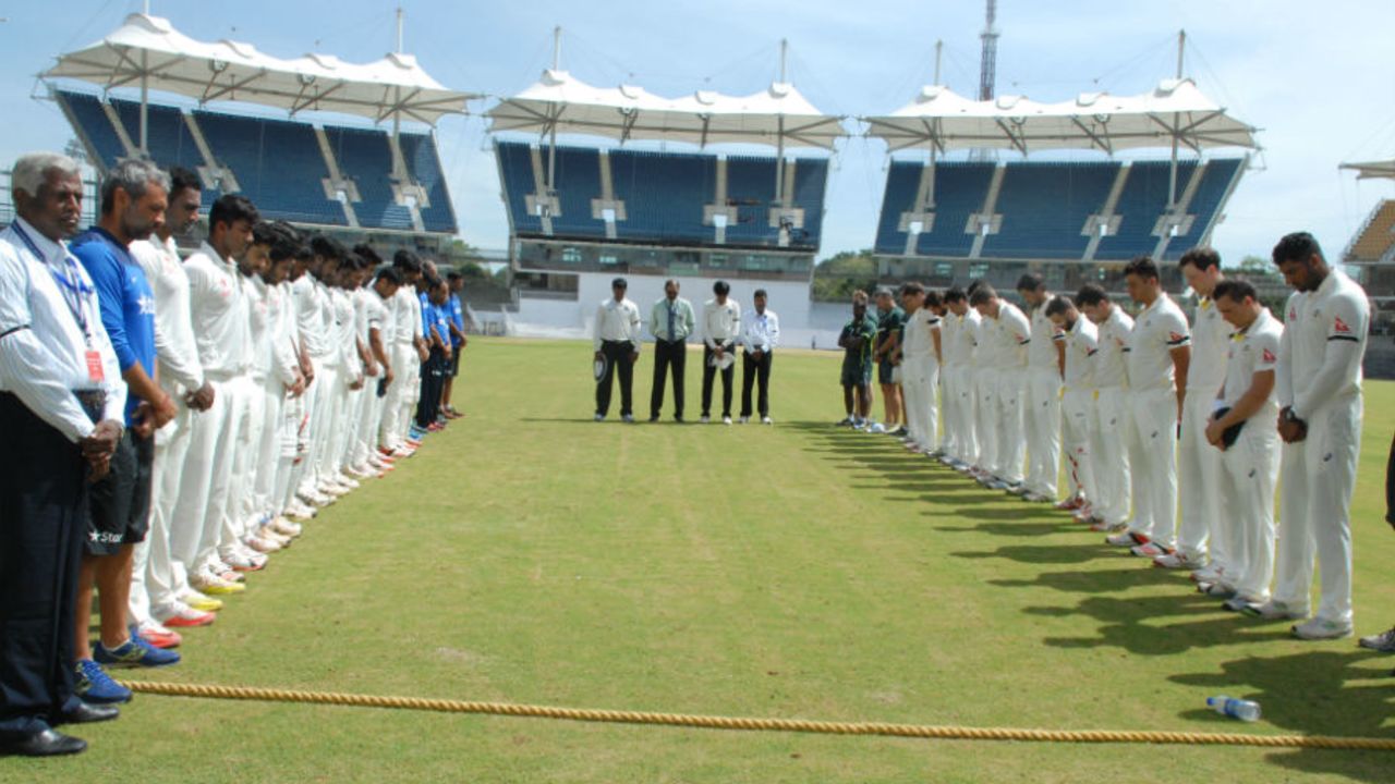 Players and officials observe a two-minute silence ahead of the game as a mark of respect to the late former Indian President APJ Abdul Kalam, India A v Australia A, 2nd unofficial Test, Chennai, 1st day, July 29, 2015 