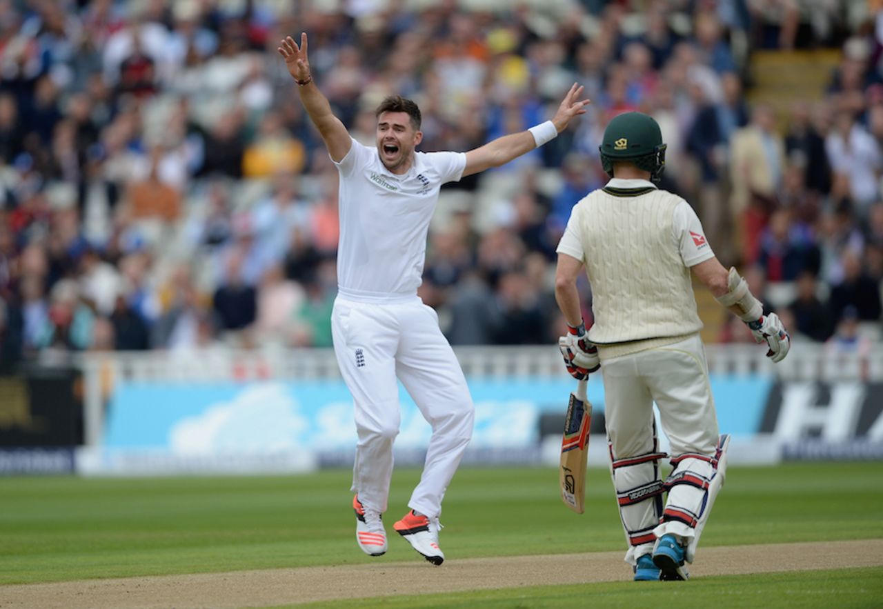 James Anderson appeals successfully for David Warner's wicket, England v Australia, 3rd Test, Edgbaston, 1st day, July 29, 2015
