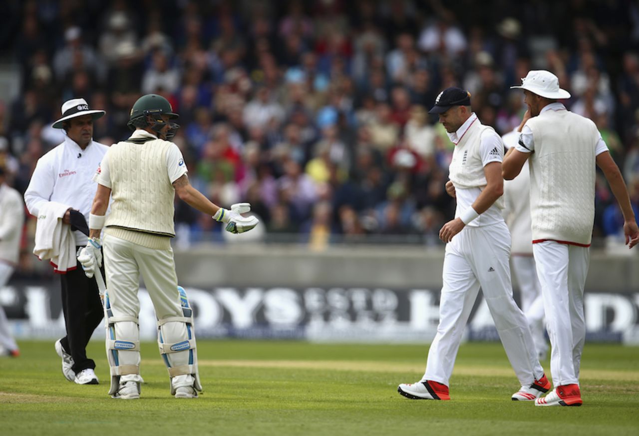 Aleem Dar had to interrupt some banter between Michael Clarke and James Anderson, England v Australia, 3rd Test, Edgbaston, 1st day, July 29, 2015