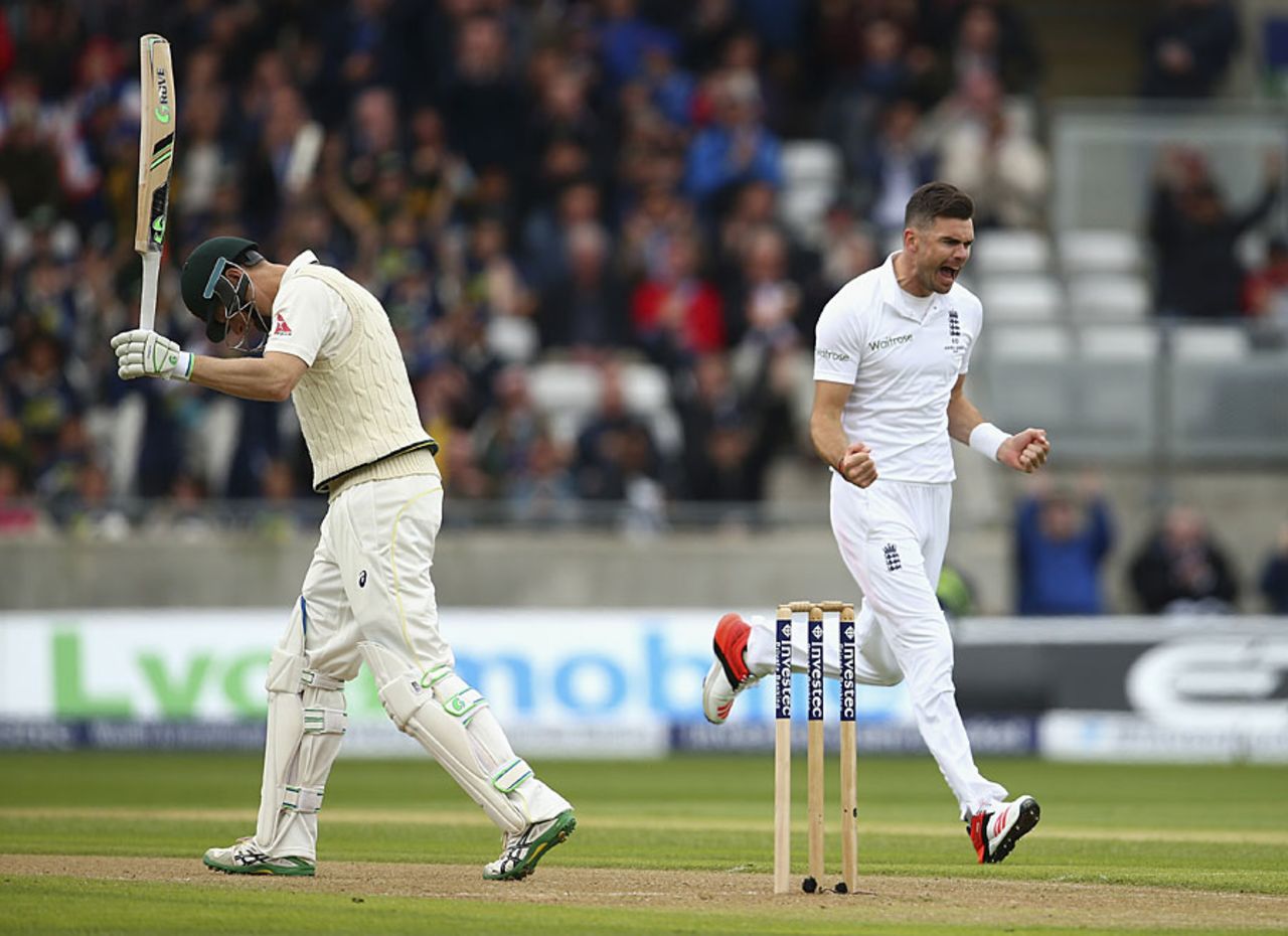 Adam Voges chastises himself for a loose shot as James Anderson celebrates, England v Australia, 3rd Test, Edgbaston, 1st day, July 29, 2015