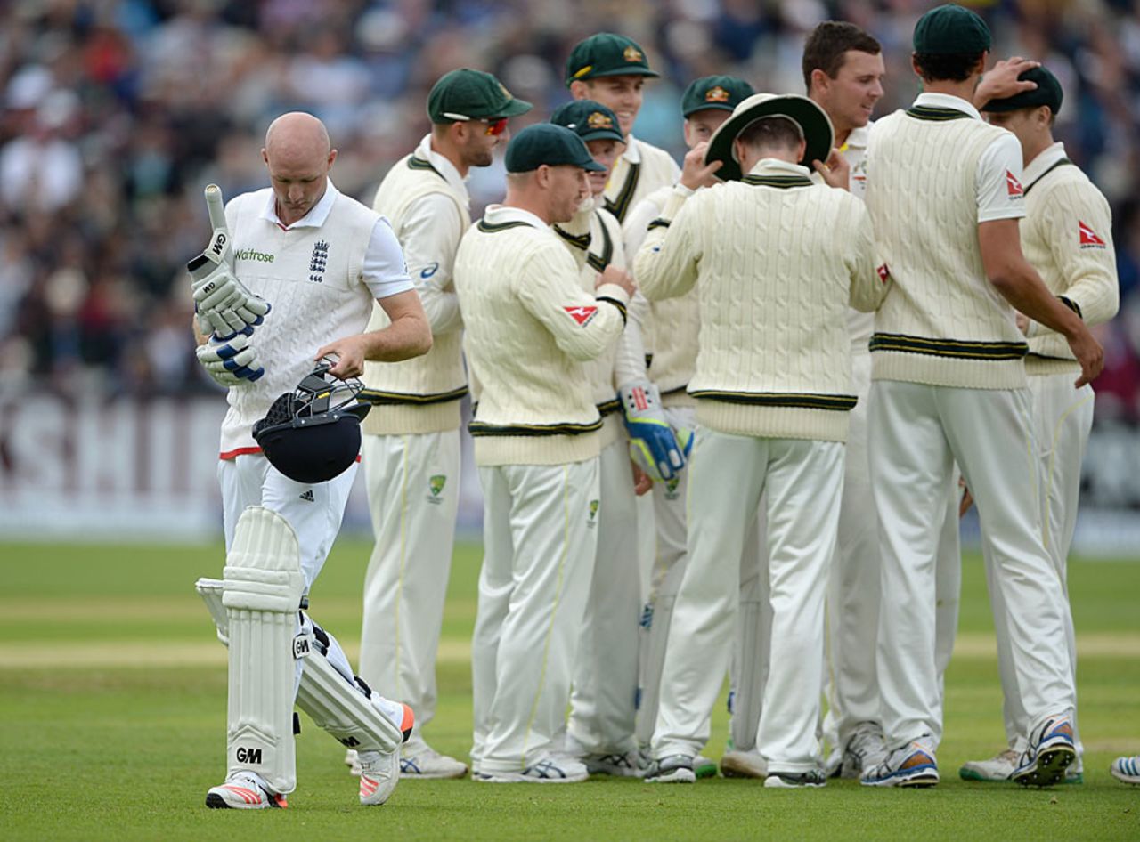 Adam Lyth played another loose shot outside off to fall for 10, England v Australia, 3rd Test, Edgbaston, 1st day, July 29, 2015