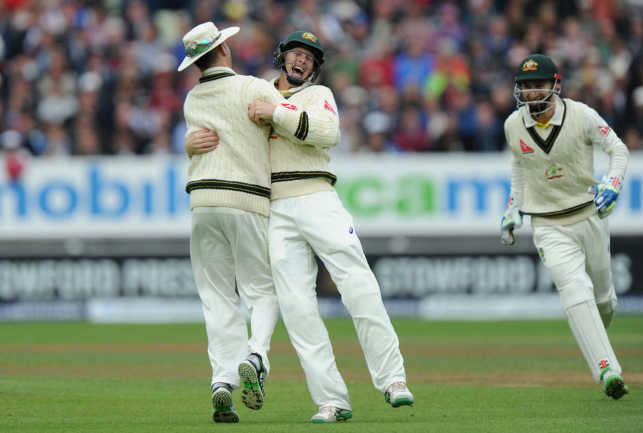 Michael Clarke celebrates with Adam Voges, England v Australia, 3rd Test, Edgbaston, 1st day, July 29, 2015