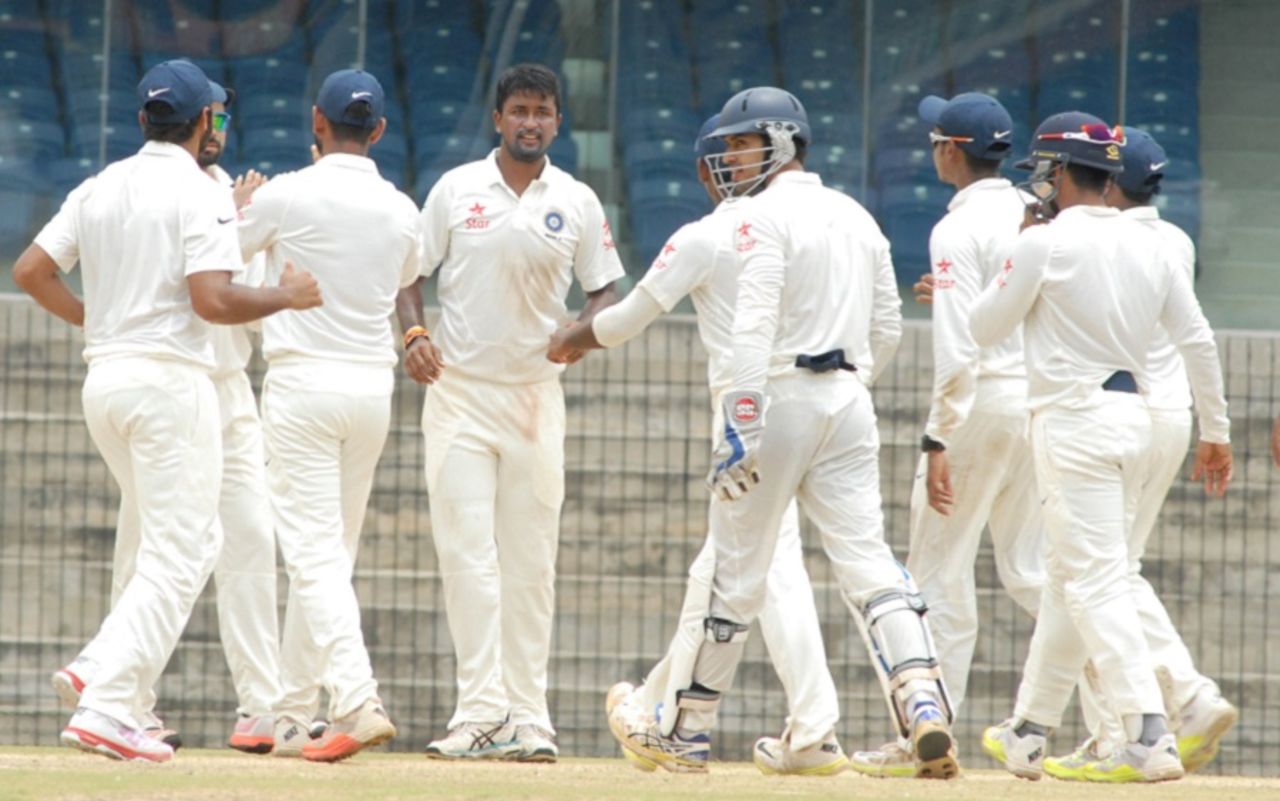Pragyan Ojha picked up the first three wickets to fall, India A v Australia A, 2nd unofficial Test, Chennai, 2nd day, July 30, 2015