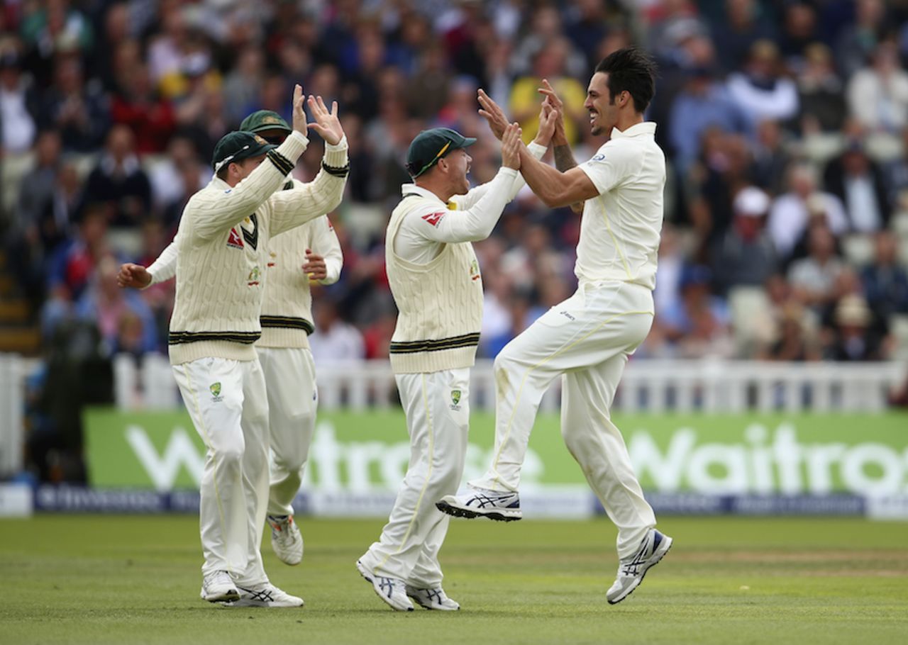 Mitchell Johnson went past 300 wickets in his first over of the day, England v Australia, 3rd Test, Edgbaston, 2nd day, July 30, 2015
