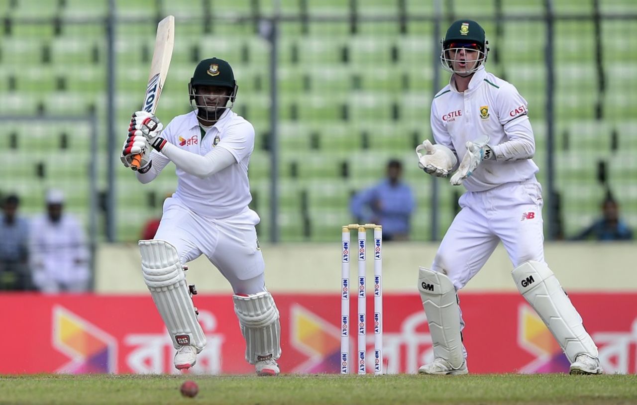Shakib Al Hasan powers the ball through the off side, Bangladesh v South Africa, 2nd Test, Mirpur, 1st day, July 30, 2015 