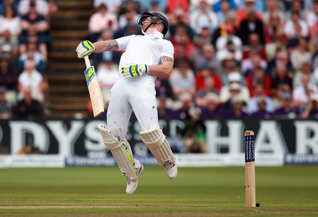Ben Stokes could not evade a short ball from Mitchell Johnson, England v Australia, 3rd Test, Edgbaston, 2nd day, July 30, 2015