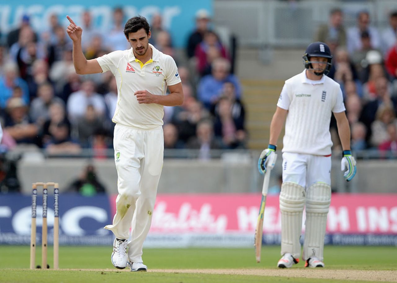 Despite a wayward spell, Mitchell Starc removed the key wicket of Joe Root, England v Australia, 3rd Test, Edgbaston, 2nd day, July 30, 2015