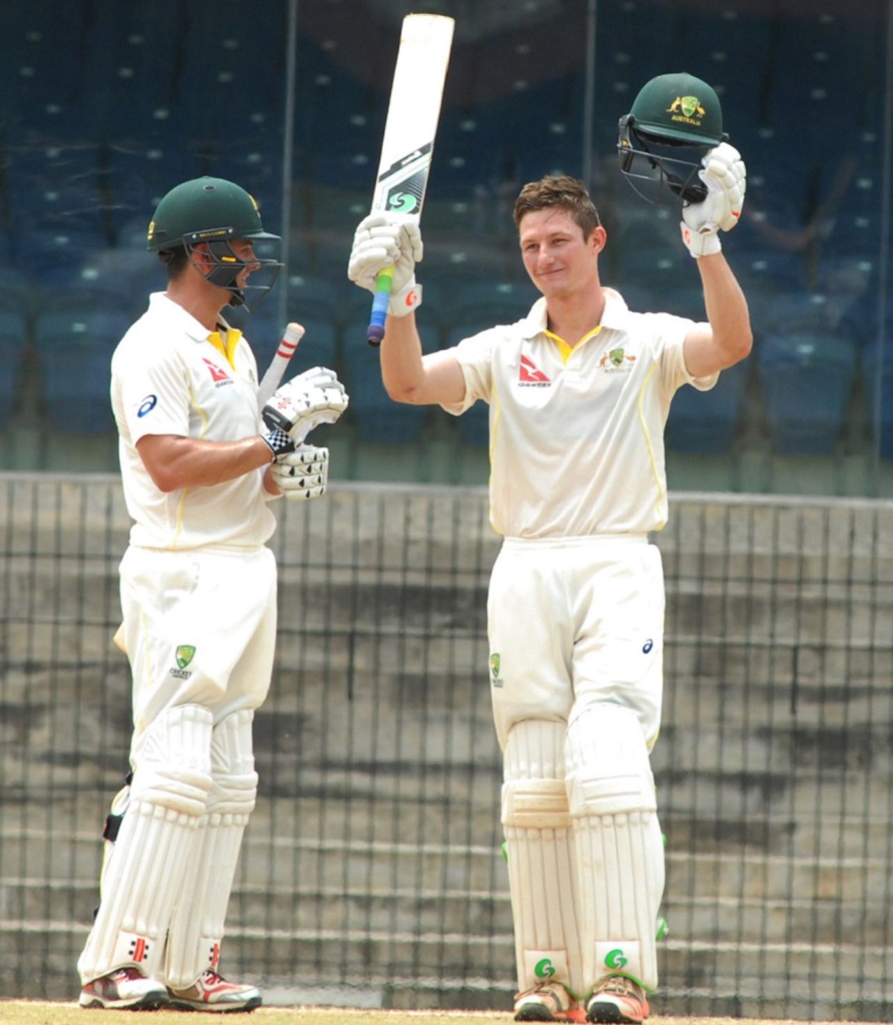 Cameron Bancroft celebrates after scoring his century, India A v Australia A, 2nd unofficial Test, Chennai, 2nd day, July 30, 2015