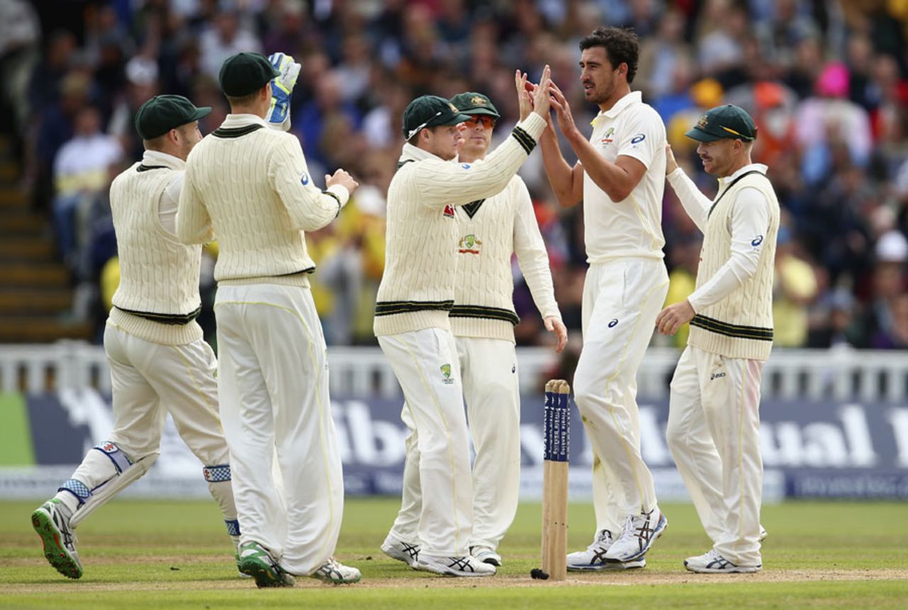 Mitchell Starc removed Joe Root for 63, England v Australia, 3rd Test, Edgbaston, 2nd day, July 30, 2015