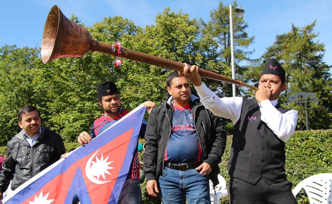 A fan sounds the call for Nepal support, Scotland v Nepal, ICC World Cricket League Championship, Ayr, July 29, 2015