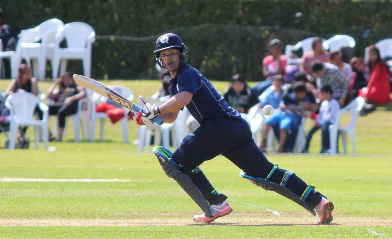 Con de Lange gets off the mark with a run through the leg side, Scotland v Nepal, ICC World Cricket League Championship, Ayr, July 29, 2015