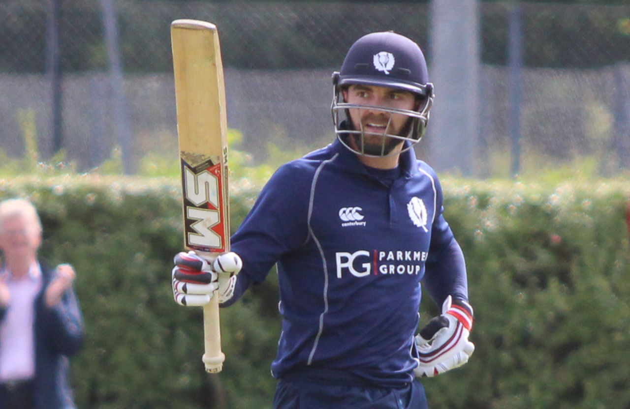 Preston Mommsen acknowledges the crowd after reaching his fifty, Scotland v Nepal, ICC World Cricket League Championship, Ayr, July 29, 2015