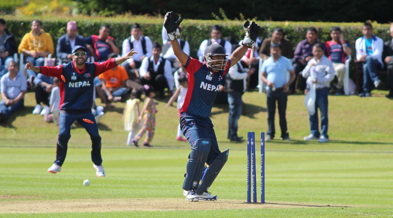 Mahesh Chhetri erupts for an appeal after Anil Mandal's direct hit to runout Richie Berrington, Scotland v Nepal, ICC World Cricket League Championship, Ayr, July 29, 2015