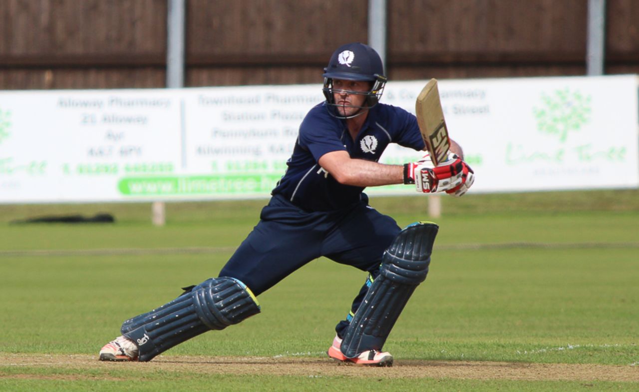 Con de Lange drives through the off side on his way past 50, Scotland v Nepal, ICC World Cricket League Championship, Ayr, July 29, 2015