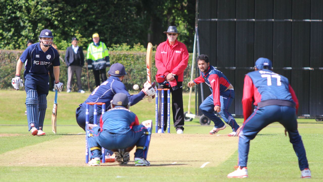 Basant Regmi bowls to Preston Mommsen, Scotland v Nepal, ICC World Cricket League Championship, Ayr, July 29, 2015