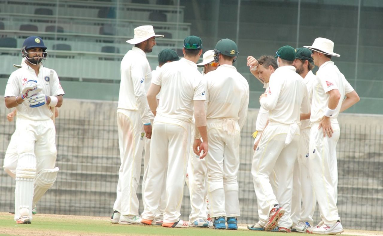 Steve O'Keefe is congratulated by his team-mates for dismissing Virat Kohli, India A v Australia A, 2nd unofficial Test, Chennai, 3rd day, July 31, 2015