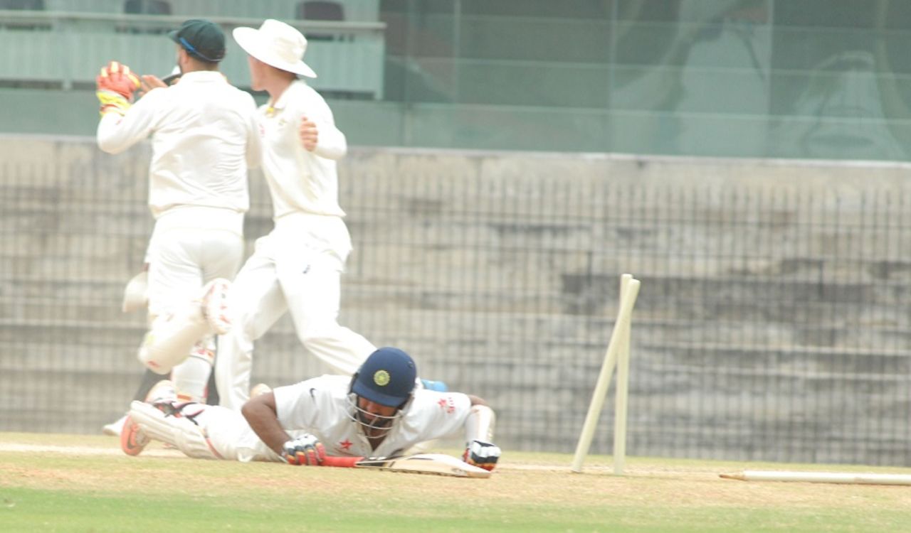 Cheteshwar Pujara fails to make his ground in time, India A v Australia A, 2nd unofficial Test, Chennai, 3rd day, July 31, 2015
