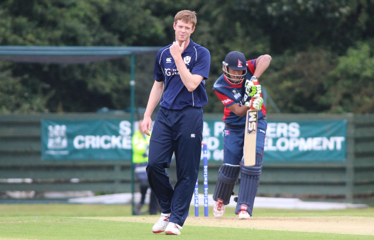 Alasdair Evans reacts after getting one to whiz past Paras Khadka, Scotland v Nepal, World Cricket League Championship, Ayr, July 31, 2015