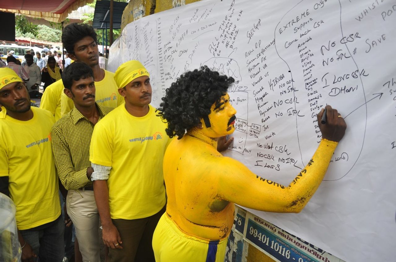 Chennai Super Kings fans take part in a signature campaign in support of the team, Chennai, August 1, 2015