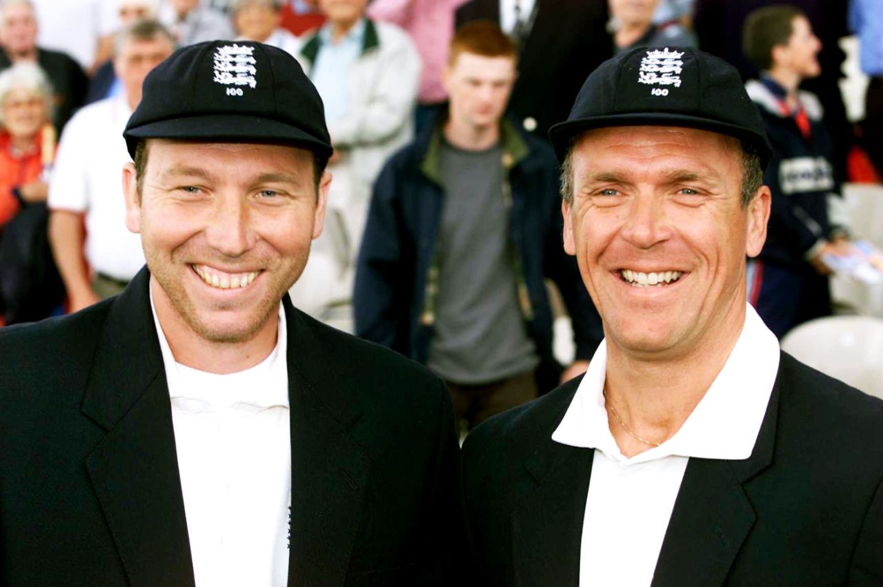 Michael Atherton and Alec Stewart at the start of their 100th Test, England v West Indies, 3rd Test, Old Trafford, 1st day, August 3, 2000