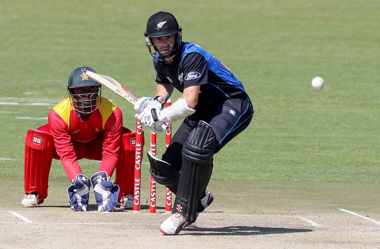 Kane Williamson skips down the track, Zimbabwe v New Zealand, 1st ODI, Harare, August 2, 2015