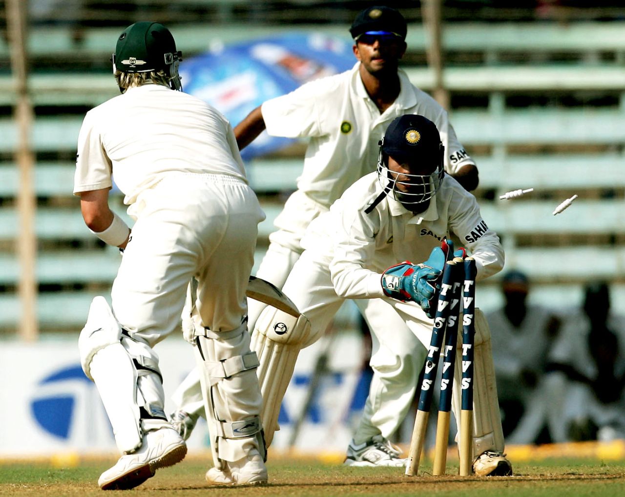 Michael Clarke is stumped by Dinesh Karthik off Anil Kumble for 17 India v Australia, 4th Test, Mumbai, 2nd day, November 4, 2004
