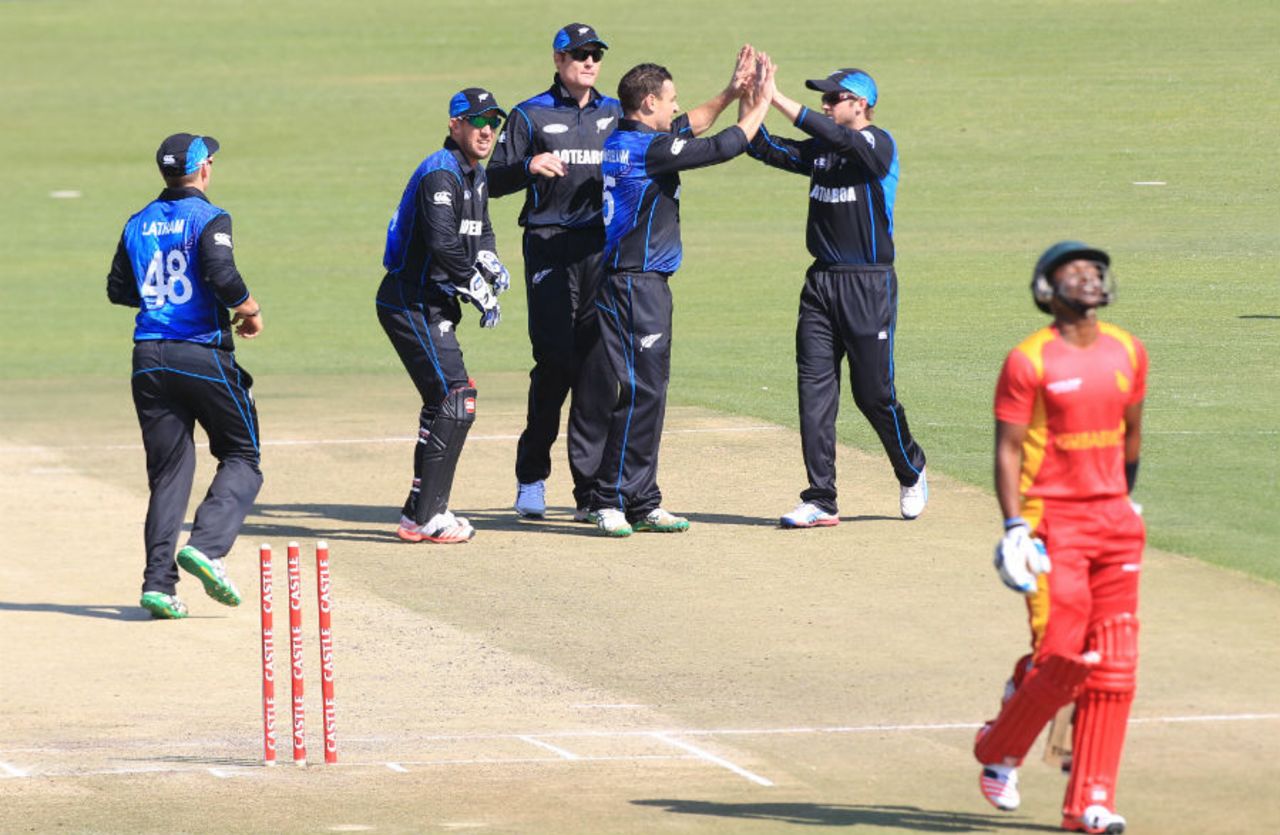 Nathan McCullum celebrates after dismissing Chamu Chibhabha, Zimbabwe v New Zealand, 1st ODI, Harare, August 2, 2015