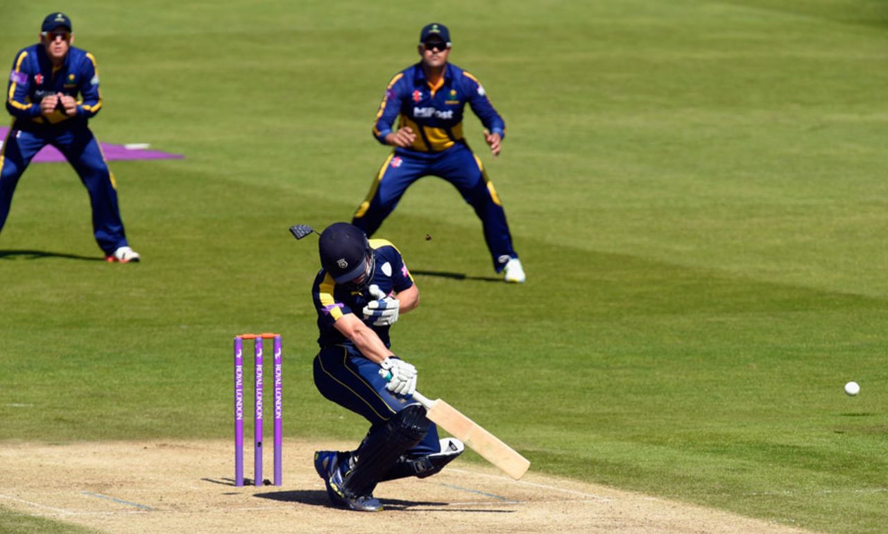Jimmy Adams was struck on the side of the helmet by a Michael Hogan delivery, Glamorgan v Hampshire, Royal London Cup, Group B, Cardiff, August 2, 2015