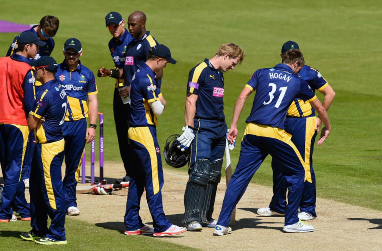 Jimmy Adams and Michael Hogan inspect the pitch, Glamorgan v Hampshire, Royal London Cup, Group B, Cardiff, August 2, 2015