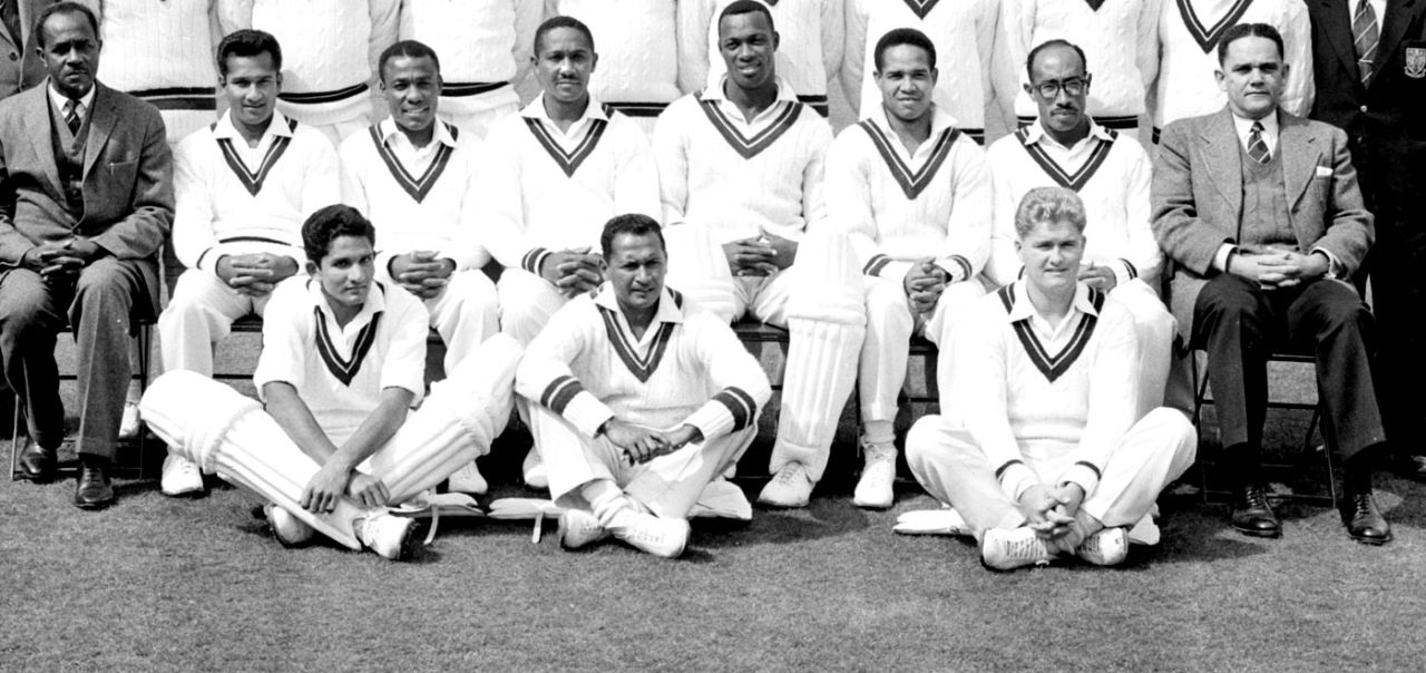 Part of the 1963 West Indies squad touring England. Second row (from left): Berkeley Gaskin (manager), Rohan Kanhai, Conrad Hunte, Frank Worrell (captain), Wesley Hall, Garfield Sobers, Alf Valentine, and H Burnett (assistant manager). Front row: Deryck Murray, Joe Solomon and David Allan, May 2, 1963