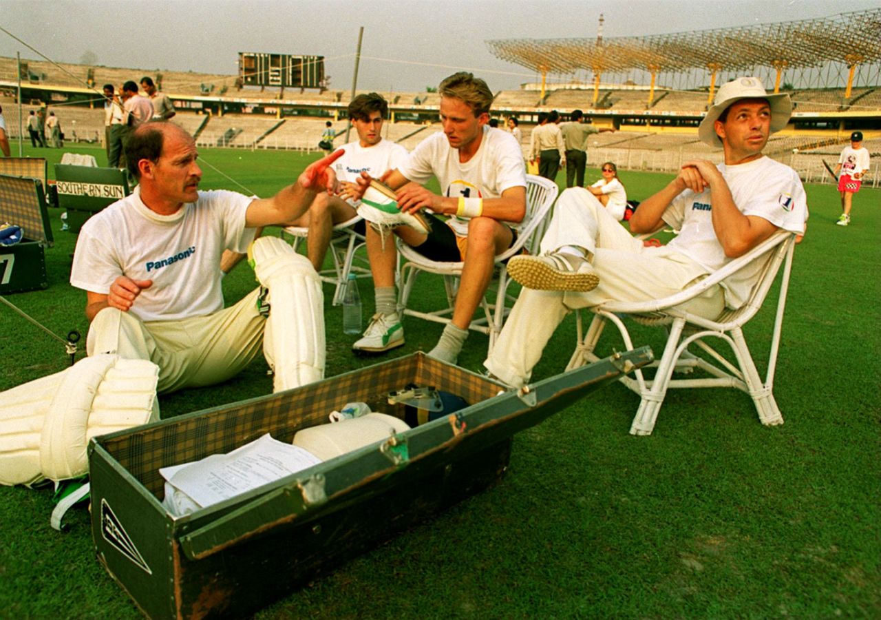 South African captain Clive Rice sits with Richard Snell, Allan Donald and David Richardson, Calcutta, November 9, 1991