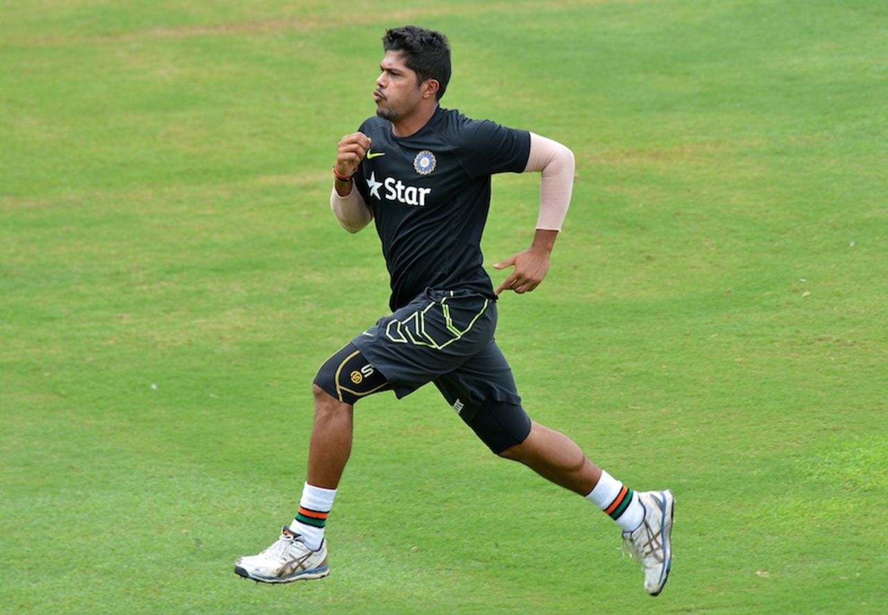 Umesh Yadav runs hard during a training session, Colombo, August 5, 2015